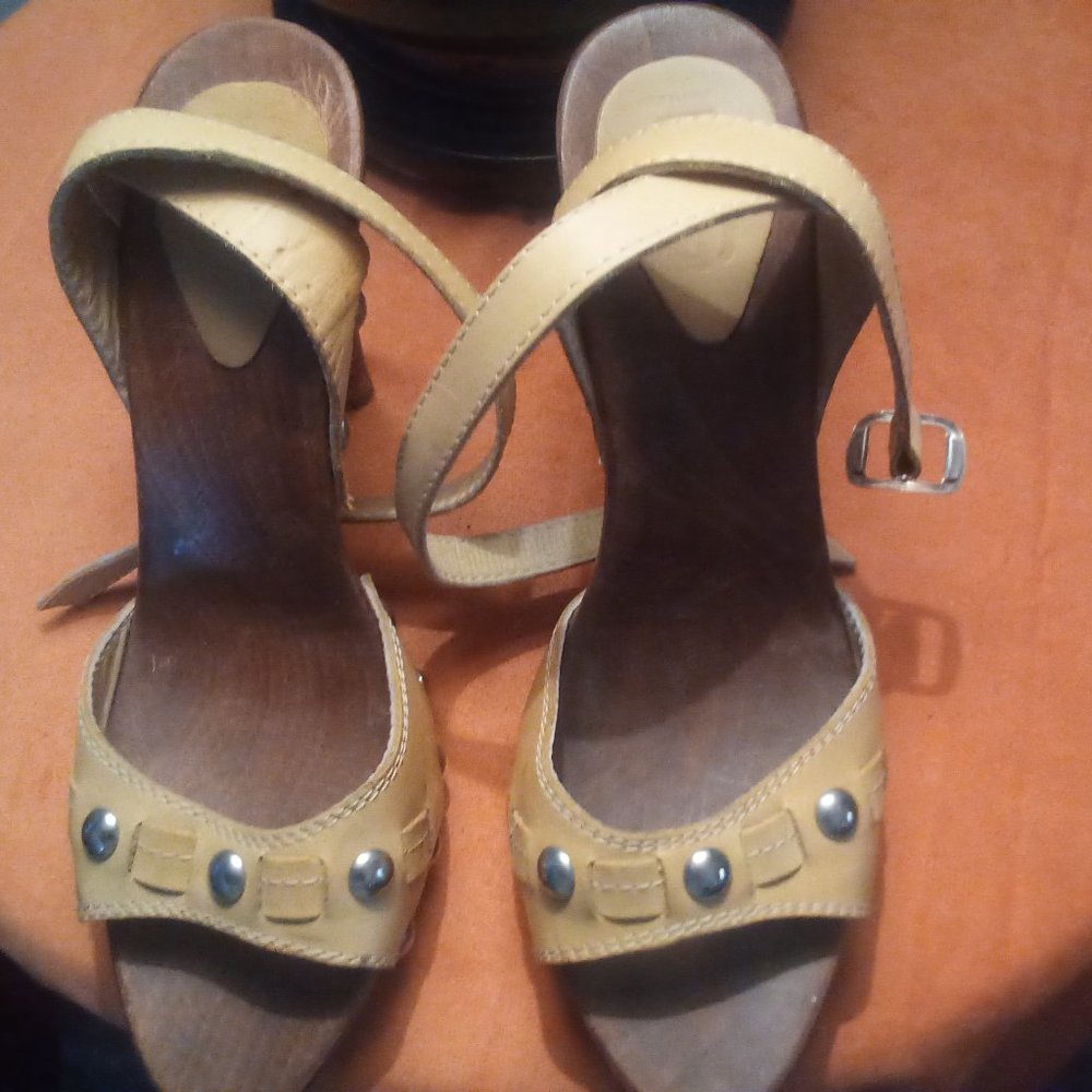 Dolce and Gabbana wooden platforms metal studded barely worn criss cross ankle s